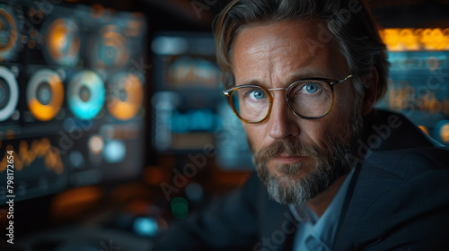 A man in his late 40s or early 50s with short brown hair and a beard wearing glasses and a suit in front of a computer.