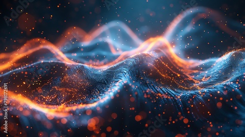Blue and orange glowing particles form into a wave-like shape.