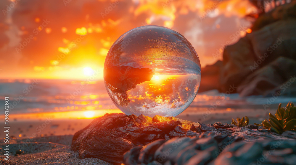 Crystal ball on the beach at sunset Crystal ball on the beach at sunset
