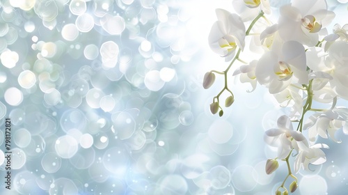 White orchid branches against a sparkling bokeh background. Beauty and wellness concept. Banner with copy space.