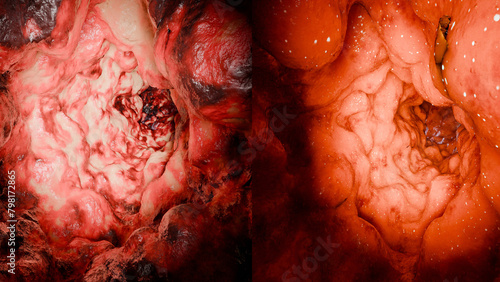 Colorectal cancer, malignant tumor in intestine, Endoscope inside colonoscopy, gut intestine, Colon polyp removal, inflammatory bowel Disease,  intestinal carcinoma, bowel neoplasia, 3d render