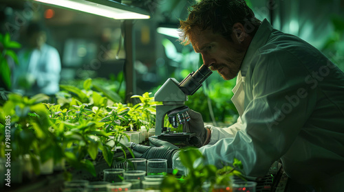 A botanist examines a plant sample under a microscope in a laboratory. photo