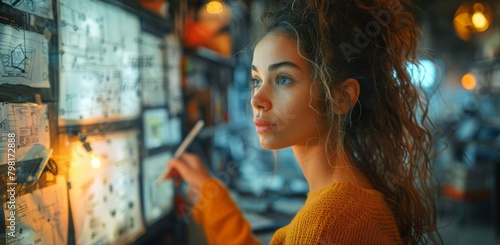 A beautiful young woman standing in front of a wall of post-it notes. photo