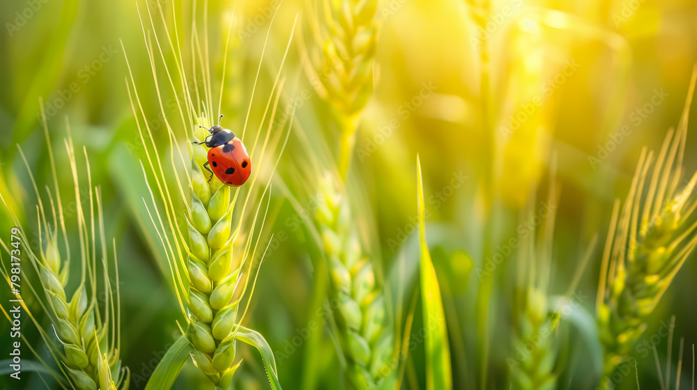 Fototapeta premium ladybug on green wheat ear in sunny field, symbol of organic farming