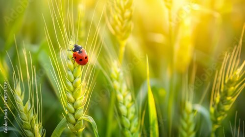 ladybug on green wheat ear in sunny field, symbol of organic farming