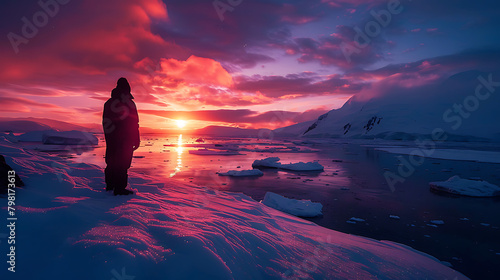Polar explorer at North Pole during sunset, surrounded by icy landscape, showcasing resilience and adventure amidst breathtaking natural beauty. Capturing the allure of polar exploration photo