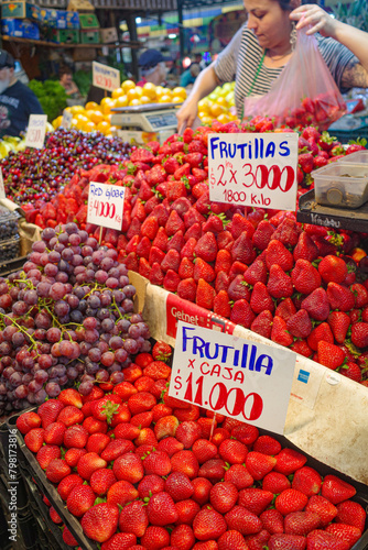 Photography Santiago, Chile - 26 Nov, 2023:  Fresh strawberries on sale at the Mercado La Ve