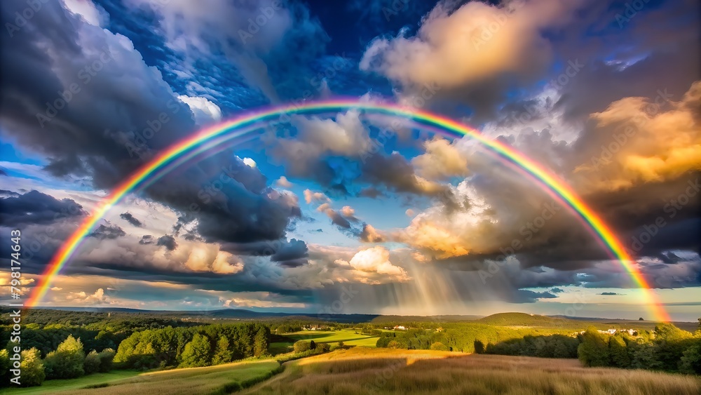 Generative ai. a close up of a rainbow in the sky over a field, vivid rainbow of colors Generative ai. a close up of a rainbow in the sky over a field, vivid rainbow of colors