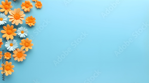 Frame with yellow flowers and copy space. Summer Flowers on Blue Background. Template for presentation, slide, print. 