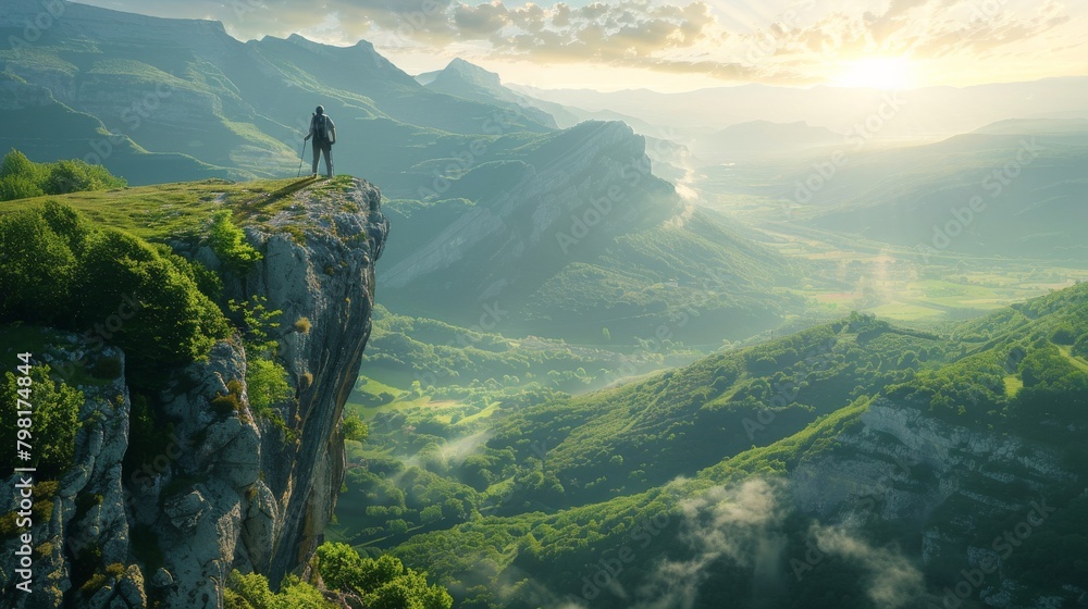 A man stands on a mountain top, looking out over a vast, green landscape