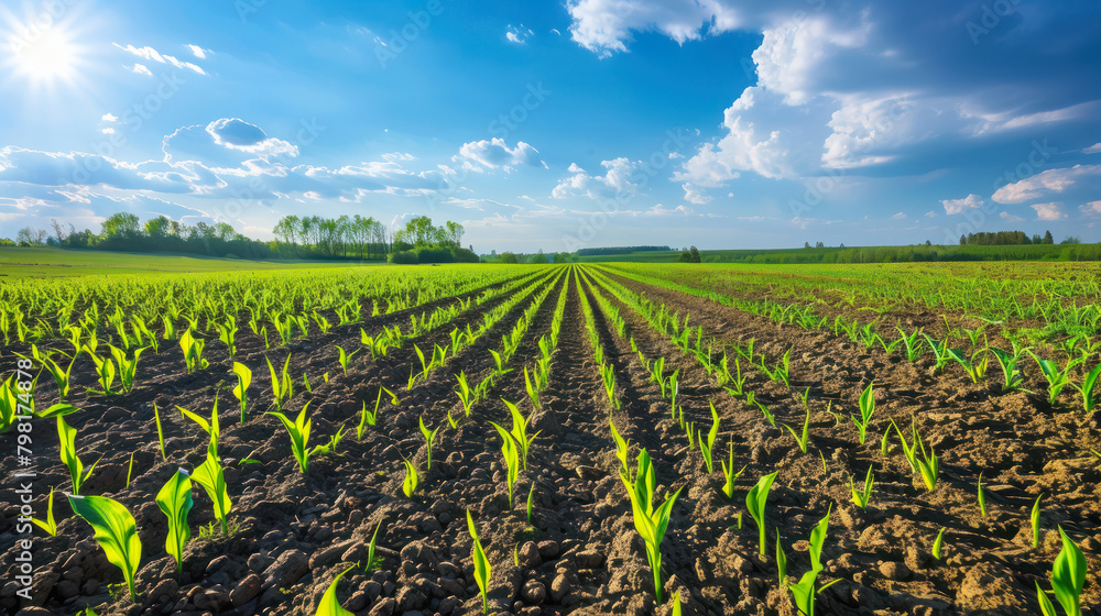 vibrant green young corn plants in rows in a field, sustainable agriculture vibrant green young corn plants in rows in a field, sustainable agriculture
