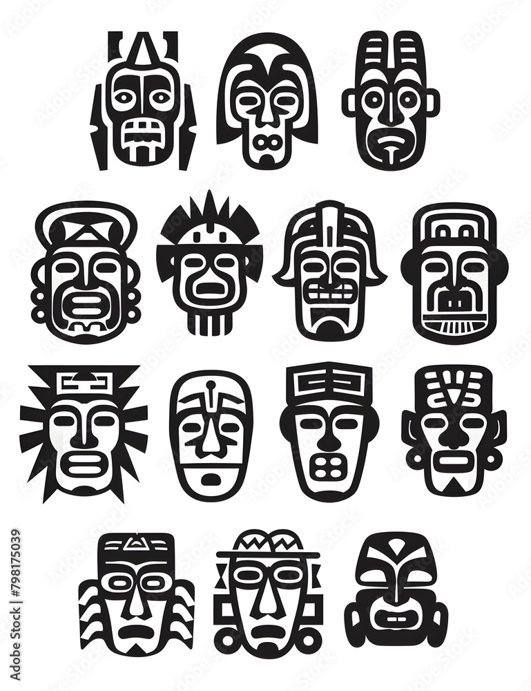 A collection of tribal masks with a variety of expressions A collection of tribal masks with a variety of expressions