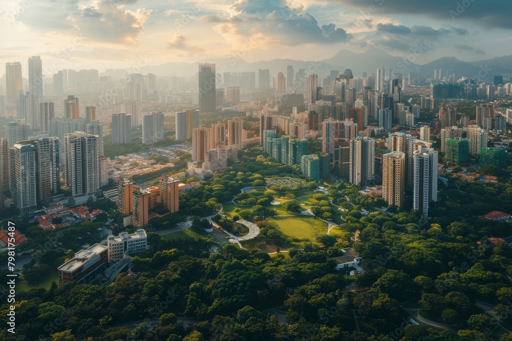Obraz premium aerial view of green big city with skyscrapers. Environment in cities. Urban view from above.
