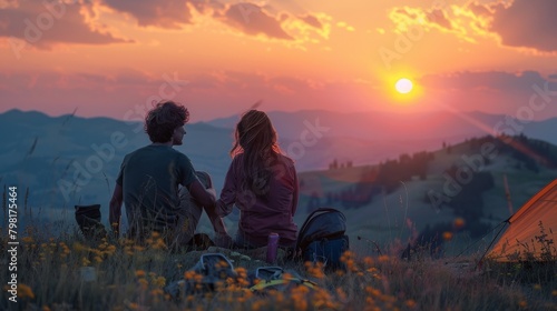 A couple is sitting on a hillside, watching the sun set