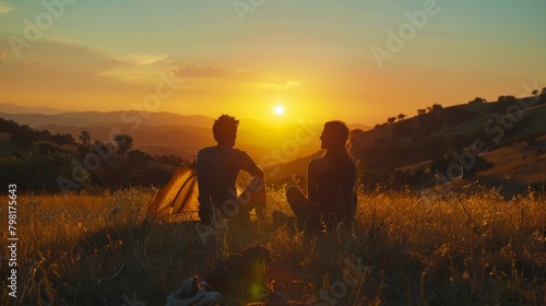 Two people sitting in a field watching the sun set
