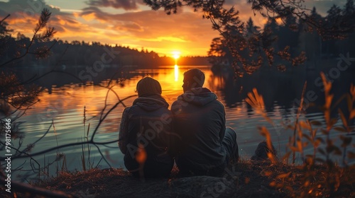 A couple is sitting on a rock by a lake, watching the sun set