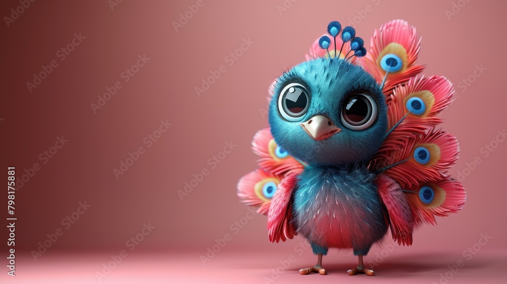 Cute peacock cartoon 3d on the right side with blank space for text