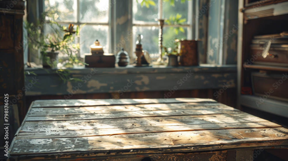 An old wooden table in a sunlit room An old wooden table in a sunlit room