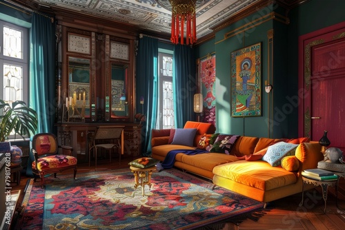maximalist interior of living room in vibrant colors. Trendy style of design.  © Dina