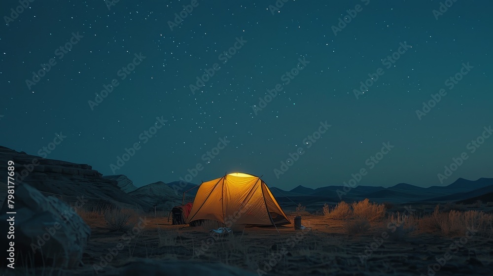 A small tent is lit up in the dark, with a starry sky above it