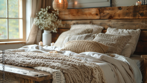 Cozy rustic bedroom with knitted blanket