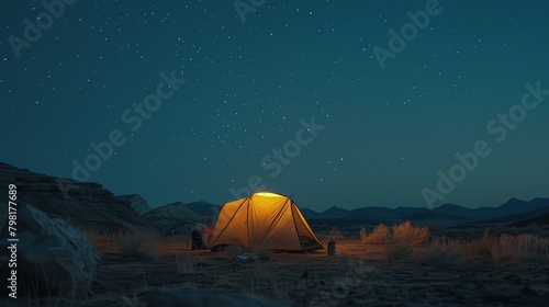 A small tent is lit up in the dark, with a starry sky above it