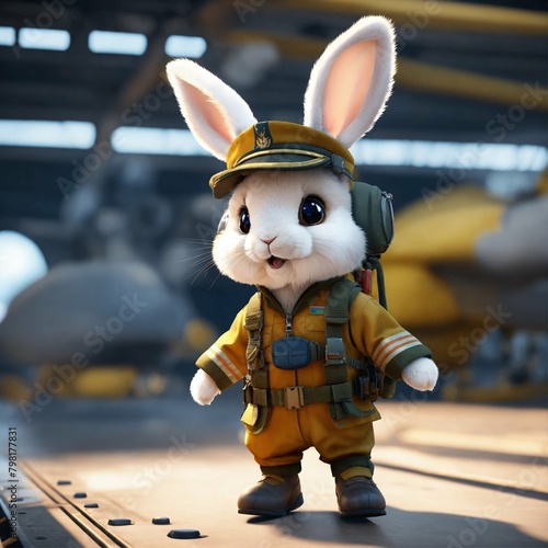A cute fluffy rabbit pilot walking on a military aircraft carrier, unreal engine renders, 8k, cinematic