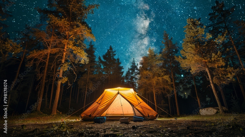 A tent is set up in a forest at night