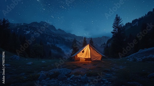 A small tent is set up in the woods at night