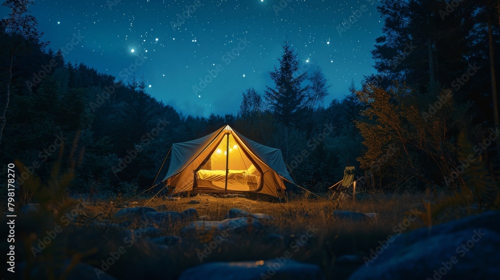 A small tent is lit up at night in a forest A small tent is lit up at night in a forest