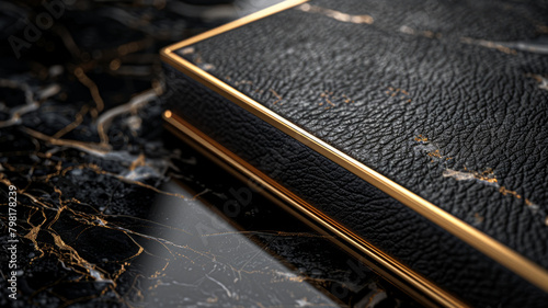 Close-up of a leatherbound book with gold trim. photo