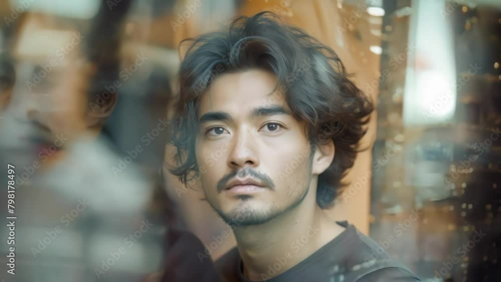 Confident Asian man exudes selfassurance with tousled hair loose shirt and piercing gaze. Concept Fashion, Confidence, Asian Men, Tousled Hair, Piercing Gaze Confident Asian man exudes selfassurance with tousled hair loose shirt and piercing gaze. Concept Fashion, Confidence, Asian Men, Tousled Hair, Piercing Gaze