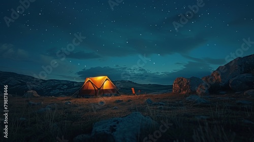 A small tent is lit up in the dark, with a chair next to it