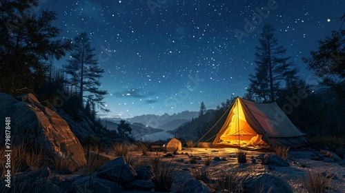 A small tent is set up in a forest at night photo