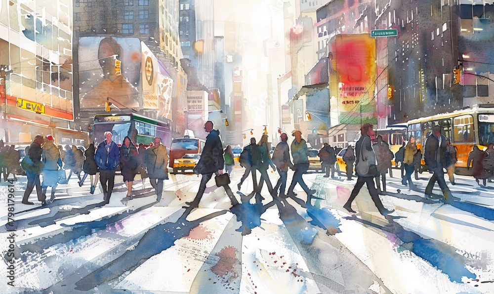 Obraz premium Pedestrian crossing in the center of a big city with skyscrapers, crowds of people crossing the road, watercolor drawing