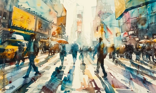 Pedestrian crossing in the center of a big city with skyscrapers, crowds of people crossing the road, watercolor drawing