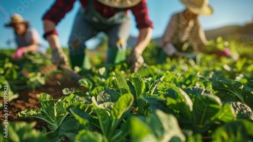 Three people are working in a garden, one of them wearing a hat