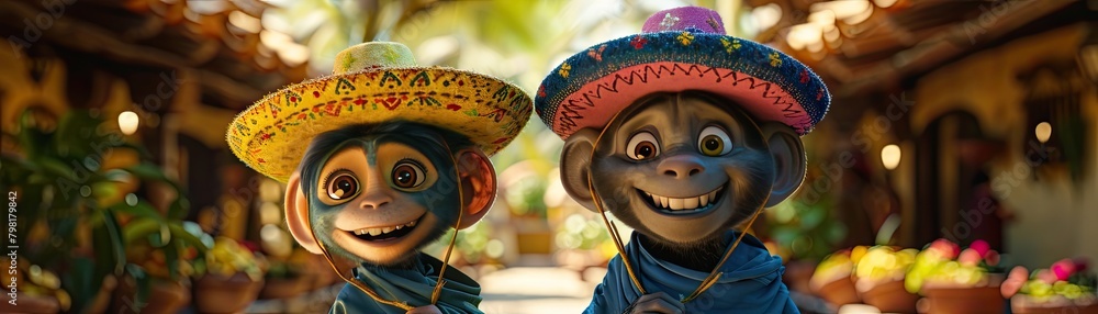 Playful Cinco de Mayo characters don vibrant sombreros in celebration Playful Cinco de Mayo characters don vibrant sombreros in celebration