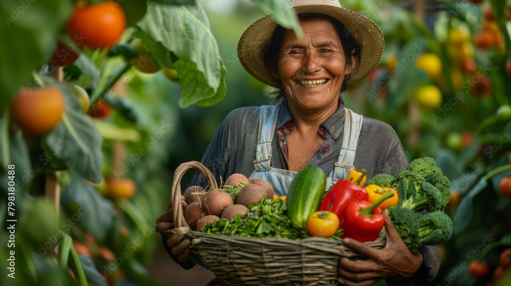 A woman is holding a basket full of vegetables and smiling A woman is holding a basket full of vegetables and smiling
