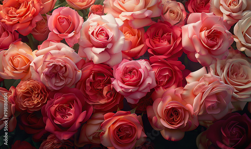 Close-up of a lush bouquet with varying shades of roses. Generate AI