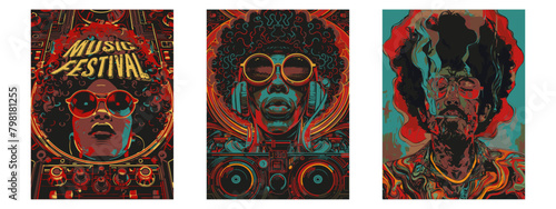 Set of  pop art  style illustration.. Retro Music Festival Poster. Soulful Beats and Groovy Vibes, Afro American woman and man, DJ console, headphones.