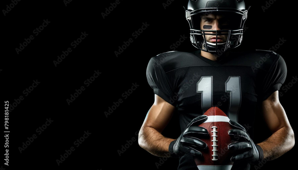 An American football player, decked in a black uniform, stands with intense focus, gripping the football. His determination is as clear as the striking detail of his uniform and helmet