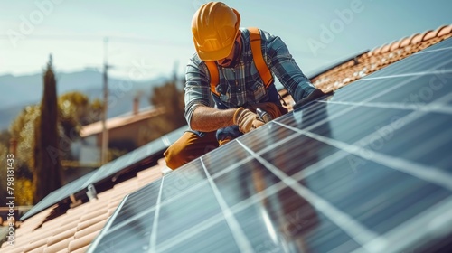 A man in a yellow hard hat is working on a solar panel