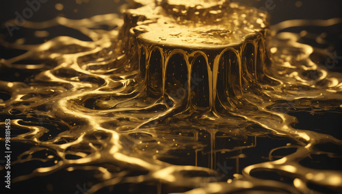 An image of golden-colored goo dripping in shimmering shades of alchemical gold against a dark, atmospheric backdrop ULTRA HD 8K photo