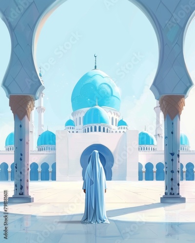A beautiful muslim woman with hijab with serene mosque in the background photo