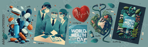 World Health Day. Vector illustration of medicine, doctors, pills, creative idea with earth, heart, cardiogram and stethoscope for april 7th holiday, poster or background	
 photo