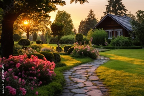 Beautiful manicured lawn flower architecture landscape. photo