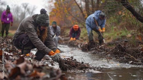 A group of people are working to clear a river of debris