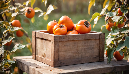 Persimmon fruit harvested in a wooden box. Natural organic vegetable abundance. Agriculture, healthy and natural food concept.