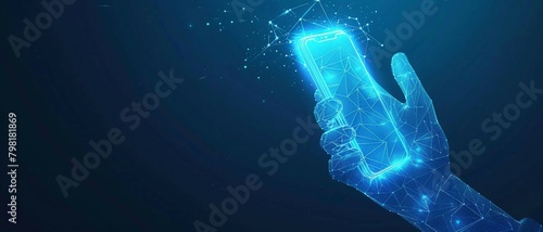 technology in electronics, digital blue low poly hand holding a smartphone with glowing data streams, ai in mobile applications, virtual assistants, communication platforms ,connectivity. photo